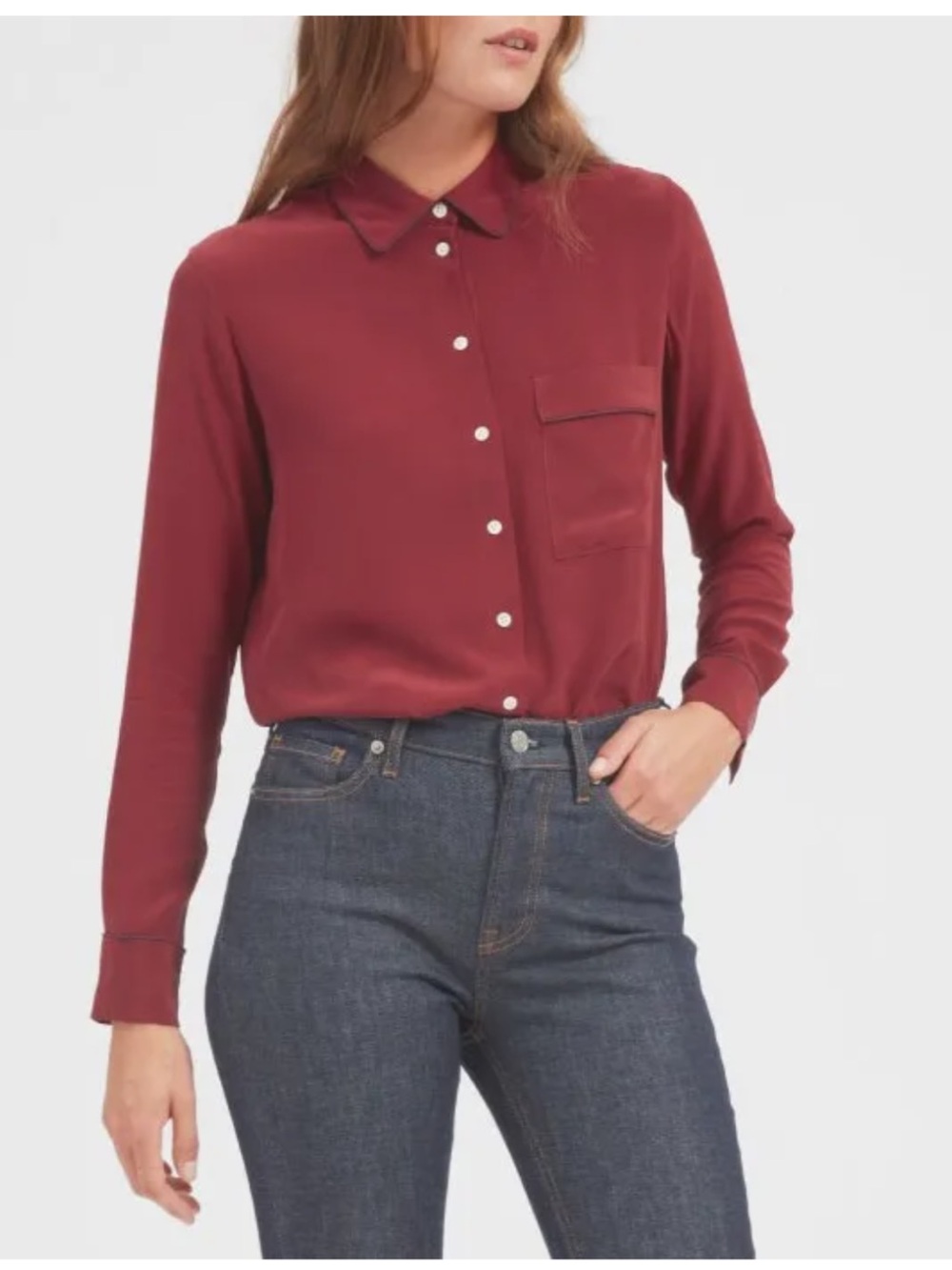 Everlane piped silk pocket button down shirt burgundy
